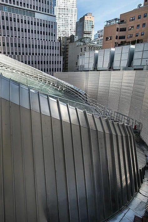 Close-up of durlum Sky Reflector Net aluminium panels and cable suspension system